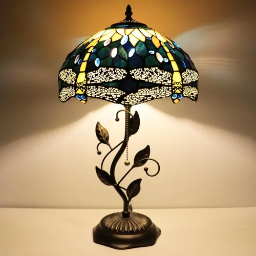 Vista 17 de Tiffany Lamp Red Tulip Style Stained Glass Table Lamp Desk Bedside Reading Light 12X12X19 Inches with Metal Leaf Base