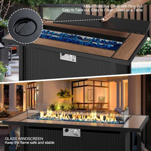 Vista 5 de Mesa para fogata de propano de 45 pulgadas, mesa para fogata de gas para exteriores de 50,000 BTU con tapa, protector de viento de vidrio, cubierta