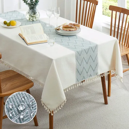 Cosmine Mantel rectangular, mantel de lino para casa de campo, tela resistente, manteles bordados lavables con borla, mantel decorativo oblonga para