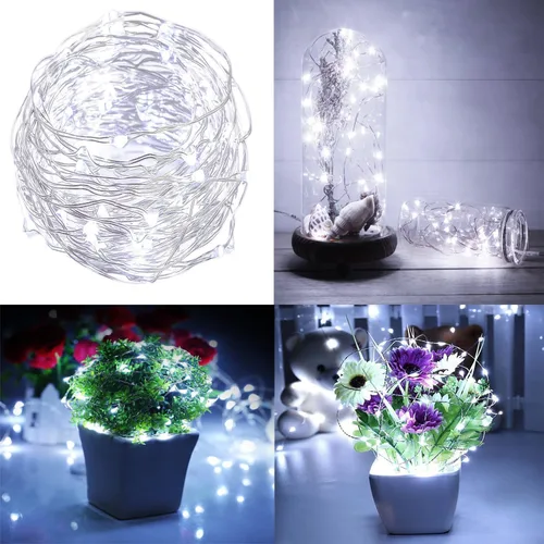 Vista 5 de 4 x Cadenas de luces de hadas, funciona con pilas, cadenas de alambre plateado, 8 modos, 5 m, 50 LEDs, cadena de luces con temporizador y control