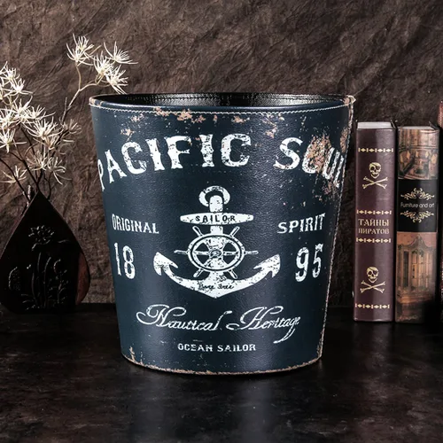 Vista 4 de Bote de basura, 10L/2.64 galones estilo británico, cubo de basura descubierto para el hogar (patrón de ancla de barco) - Patrón 1