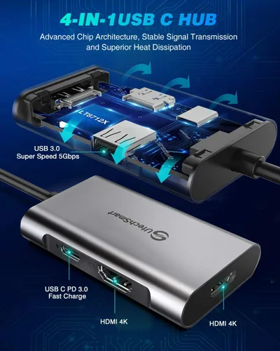 Vista 4 de UtechSmart Adaptador HDMI a USB C, concentrador USB C 4 en 1, adaptador HDMI dual con adaptador 4K, USB C a USB para MacBook Pro Air, Dell, HP