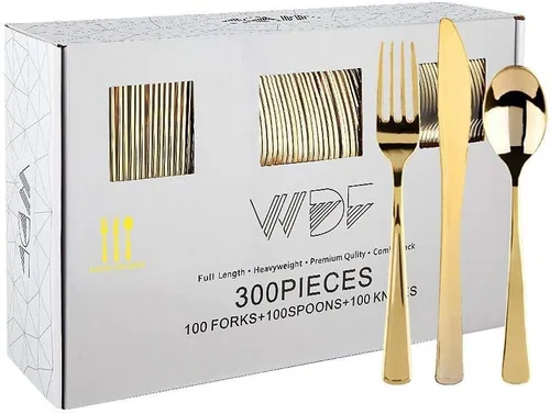 Vista 10 de WDF 300 cubiertos de plástico dorado desechables, cubiertos de plástico resistente, juegos de cubiertos dorados que incluyen 100 tenedores, 100