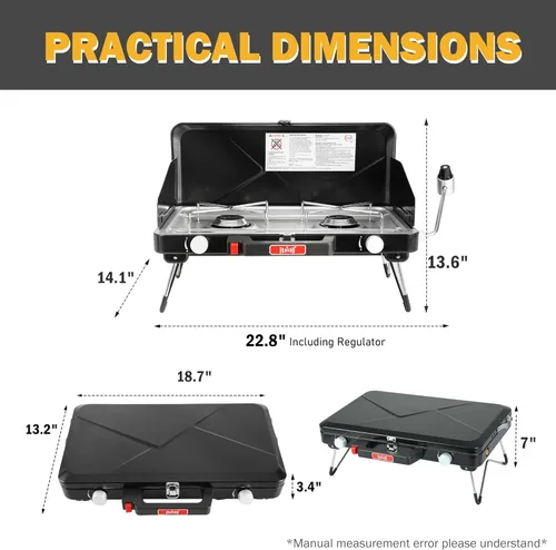 Vista 2 de Feasto Estufa de campamento de propano de 2 quemadores con patas plegables, estufa de campamento portátil para exteriores con botón de encendido