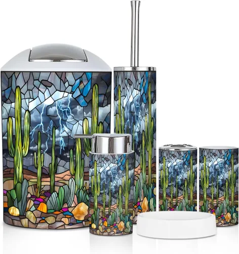 Vista 24 de Bathroom Accessory Set 6 Piece Emerald Cactus Vibrant Sky Stained Glass Western Scene Trash can, Toothbrush Holder, Soap Dispenser, Soap Dish