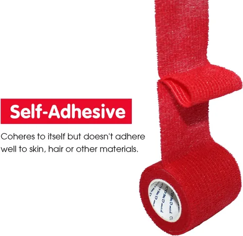 Vista 5 de Vendaje cohesivo autoadherente de 2 x 5 yardas, vendajes de primeros auxilios elásticos deportivos atléticos, cinta veterinaria para esguince e Rojo