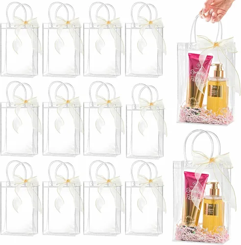 Vista 13 de Ohuimrt 20 bolsas de regalo de plástico transparente con asas, bolsas de recuerdo para fiestas reutilizables con cinta, bolsas de regalo