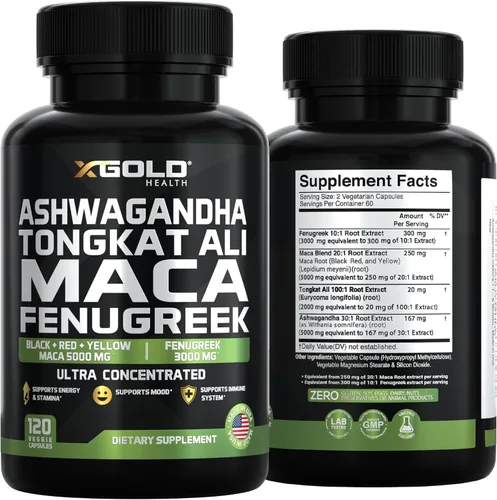 Vista 7 de Ashwagandha 5000 mg + Tongkat Ali 1000 mg + raíz de maca 5000 mg + suplemento de fenogreco de 3000 mg Extracto de raíz de maca negra + roja +