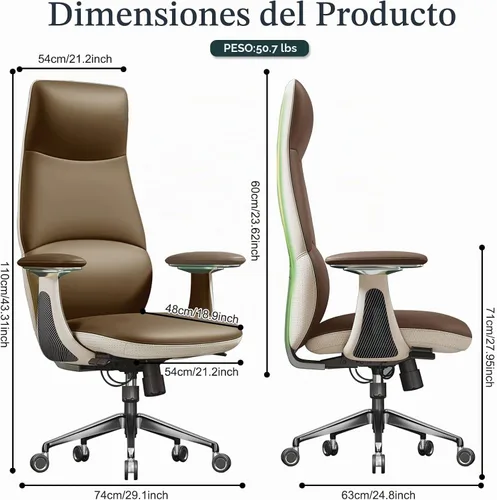 Vista 3 de Silla ejecutiva ergonómica de cuero genuino, respaldo alto de Cómodo cuero auténtico, elegante patrón de espalda, ruedas silenciosas de 360° Marrón