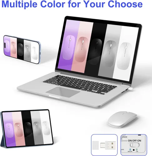 Vista 8 de Ratón Bluetooth inalámbrico para MacBook Air Mac Pro iPad Laptop Computadora Pad Óptico recargable delgado silencioso modo dual