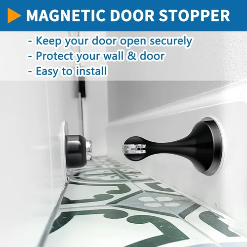 Vista 3 de Tope magnético de puerta, autoadhesivo, tope magnético de puerta negro para montaje en pared, protector de pared de tope de puerta de acero