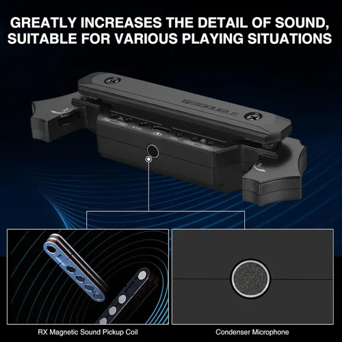 Vista 4 de Pastilla inalámbrica para guitarra acústica magnética recargable y micrófono pastilla de boca de sonido para guitarra acústica con control de Negro