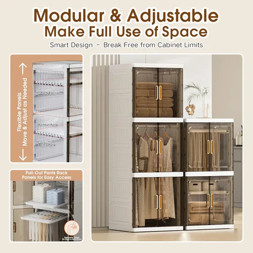 Vista 6 de SunSettler Plastic Wardrobe Closet, Large Collapsible Wardrobe with Wheels, Foldable Clothes Storage Cabinet for Home, Dorm (2 Layer)