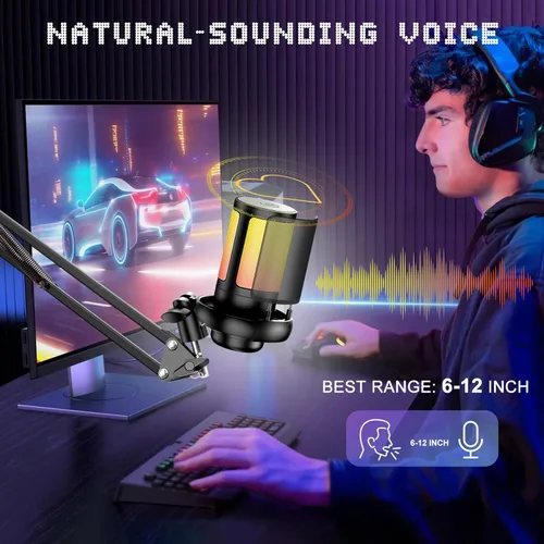 Vista 5 de KingSom Micrófono USB para juegos, micrófono condensador de cancelación de ruido con brazo de brazo RGB, micrófonos para podcast RGB