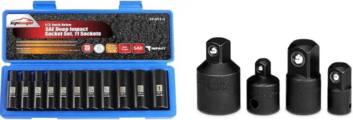 EPAuto Juego de llaves de vaso SAE de impacto profundo de 1/2 pulgada, Cr-V, 6 puntos, 11 enchufes + 4 adaptadores de enchufe de impacto y juego