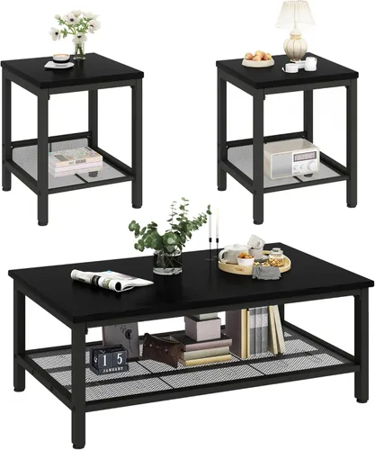 Conjunto de 3 mesas de café AWQM, mesa de café industrial con 2 mesas auxiliares cuadradas, conjunto de mesas modernas para sala de estar con