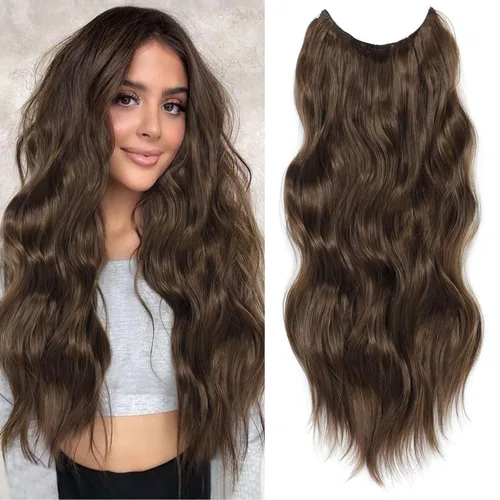 Vista 29 de Extensiones de cabello tipo halo de 20 pulgadas, extensiones de cabello con alambre invisible ajustable, largo, ondulado, sintético, mejorado, 4