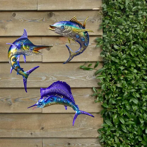 Vista 4 de Decoración de pared de peces de metal, juego de 3 piezas de pez espada de atún Marlin, tema tropical azul y dorado, decoración para el día