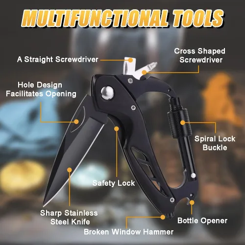 Vista 3 de Mosquetón multiherramienta con cuchillo de bolsillo, mosquetón EDC con cuchillos plegables, equipo de supervivencia para camping, senderismo