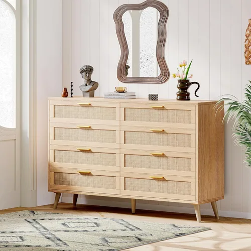 Vista 42 de Rovaurx Cómoda doble de 6 cajones para dormitorio, cómoda de ratán, cómoda de madera moderna con asas doradas, mesa auxiliar para armario, sala