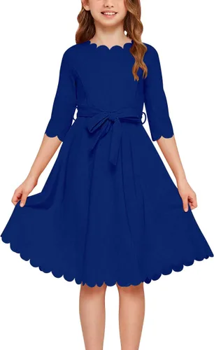 GORLYA Vestido casual de manga 34 para niña con borde festoneado y cinturón con bolsillos para niños 4-14T