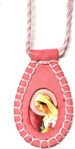 Collar Escapulario de cuero fucsia rosa místico Virgen María Rosa Caliente Escapulario Virgen Rosa Mistica Collar, Cuero