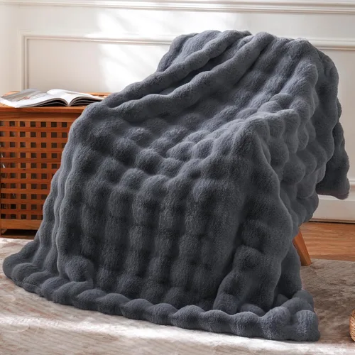 BENVWE Manta de Piel Sintética para Sofá – Acogedora, Suave, Felpa, Esponjosa, Gruesa, de Lujo, Manta de Burbujas Minky para Sala de Estar, Gris