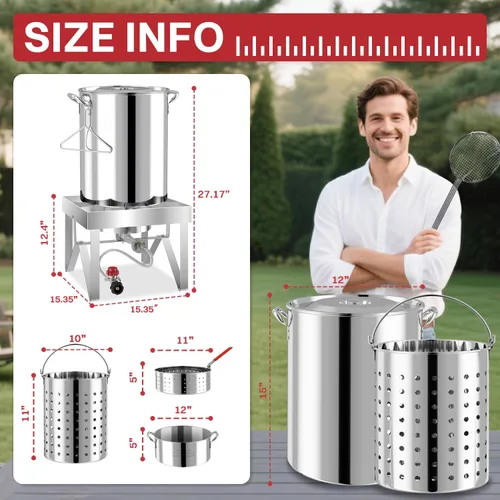 Vista 9 de Kit de freidora de pavo 30QT Acero inoxidable Cubierta Skimmer Quemador de 50,000 BTU Freidoras al aire libre con cesta Olla para hervir