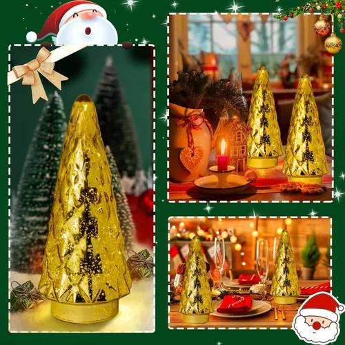 Vista 3 de Árbol de Navidad de vidrio de mercurio, paquete de 2 decoraciones iluminadas para árbol de Navidad, centro de mesa de vacaciones, funciona