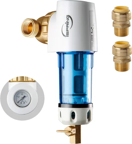 iSpring WSP50GR+ACPF12MPT12x2 Reusable Spin Down Sediment Water Filter, 50 Micron, White