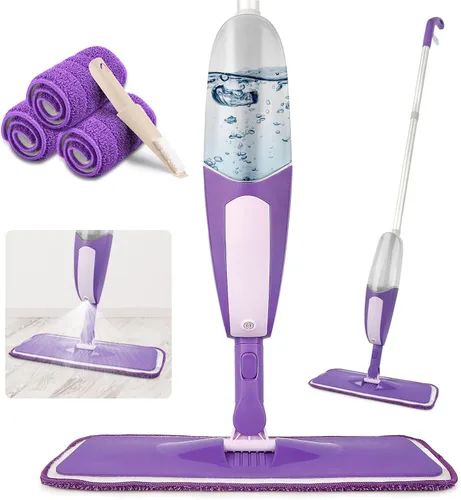 Mopa con aerosol para limpieza de suelos - SEVENMAX Mopa de microfibra con botella recargable de 550ML, 3 almohadillas lavables, mopa plana para uso