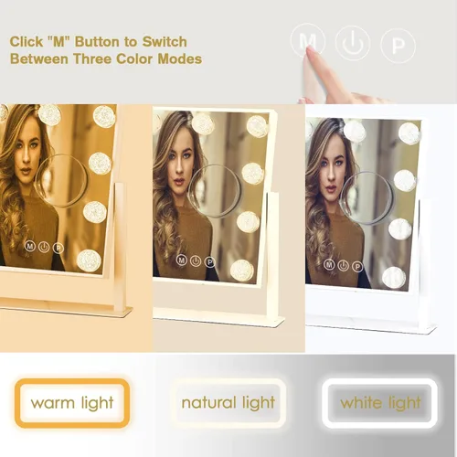 Vista 3 de Espejo de tocador con luces, espejo de maquillaje iluminado Hollywood con 3 modos de color y 9 bombillas LED de diamante regulables, aumento