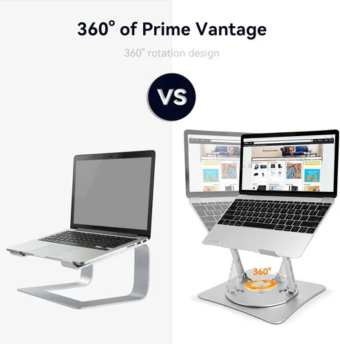Vista 2 de Soporte ajustable para computadora con base giratoria de 360°, elevador ergonómico plegable para computadora de escritorio, soporte de computadora