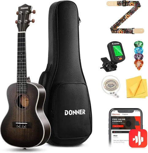 Vista 13 de Donner Kit de ukelele para concierto, de madera de caoba y 23 pulgadas, principiante, con clase en línea gratuita, bolsa de actuación, correa