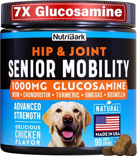 Glucosamina para perros – 1000 mg – Suplemento para articulaciones de perros mayores – Masticables avanzados de apoyo para la cadera y las