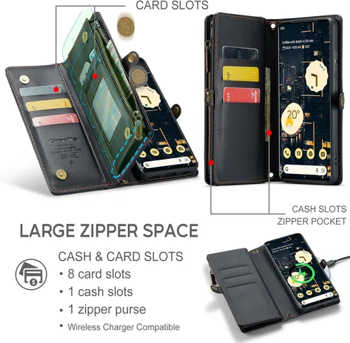 Vista 2 de ASAPDOS Funda compatible con Google Pixel 6 Pro 5G, correa de piel sintética retro con cierre magnético, bloqueo RFID, tarjetero y soporte