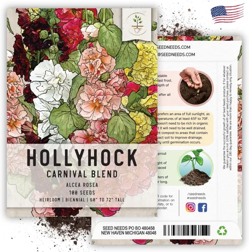 Vista 6 de Seed Needs, Semillas mixtas de Hollyhock Carnival - Semillas tradicionales para plantar Alcea rosea - Flor silvestre bienal que atrae a