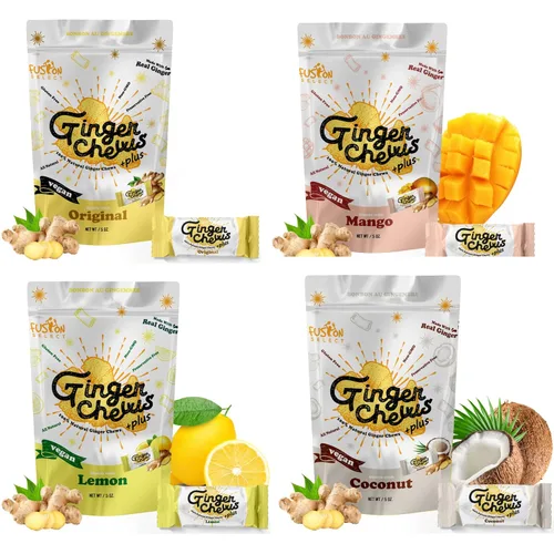 Vista 8 de Fusion Select Ginger Chews - Delicias dulces y confitadas suaves de Indonesia - Promueven el alivio de las náuseas matutinas, malestar estomacal