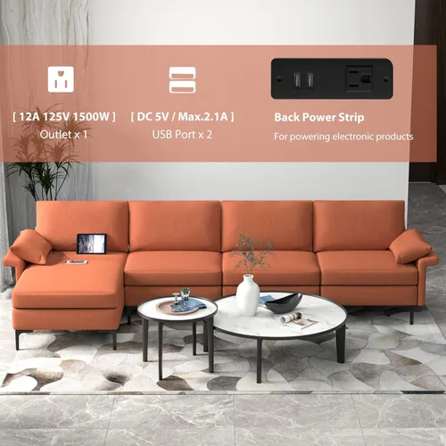 Vista 186 de Giantex Sofá modular de 3 asientos, 100.5 pulgadas de largo convertible con puerto USB y tomacorriente, cojín para reposabrazos, sofá modular