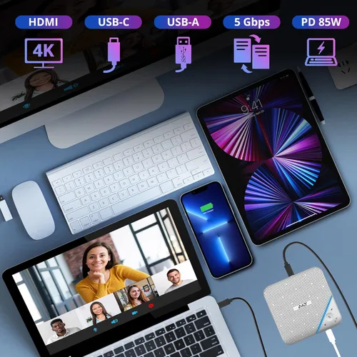 Vista 4 de AVLT Concentrador de altavoz USB-C, micrófono de conferencia de sonido omnidireccional de 360° con carga PD de 85 W, transferencia de datos de 5