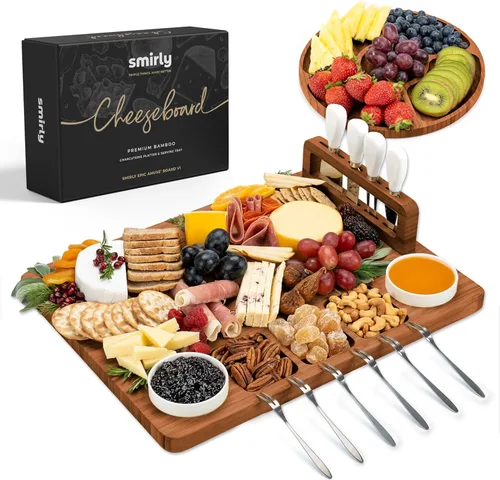 Vista 9 de SMIRLY Juego de tablas de charcutería, juego de tablas de queso grande, bandeja de bambú natural para quesos con accesorios, regalos de inauguración