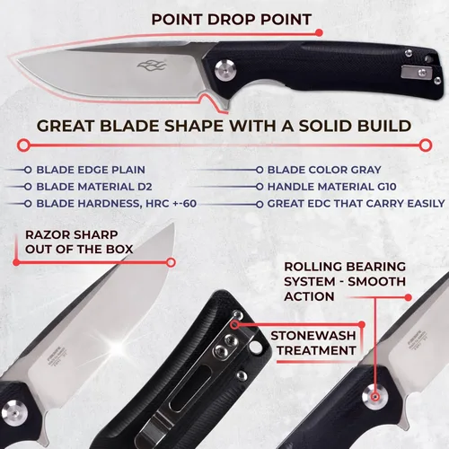 Vista 5 de Firebird GANZO FH91-BK Cuchillo Plegable de Bolsillo con Rodamiento de Bolas, Hoja de Acero D2, Mango Ergonómico G10 Antideslizante con Clip