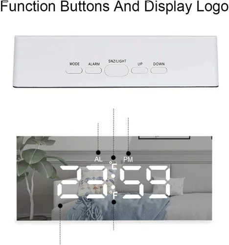 Vista 3 de Reloj despertador digital, pantalla LED grande con espejo con función de repetición, brillo ajustable, adecuado para el hogar, dormitorio, sala