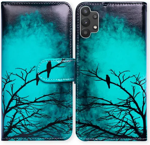 Bcov Funda para Galaxy A32 5G, diseño de pájaro negro y verde con tapa para teléfono con ranura para tarjetas, soporte para Samsung Galaxy A32 5G