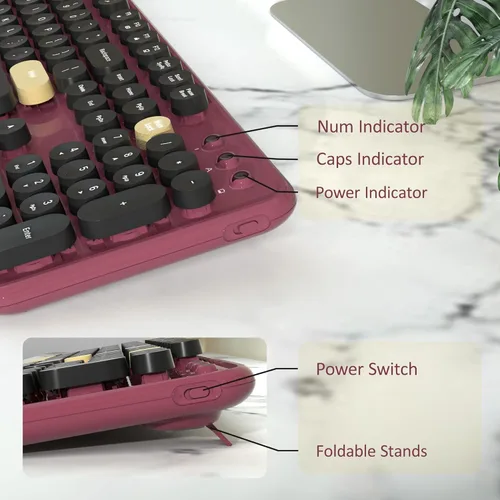 Vista 4 de Combos de teclados de computadora inalámbricos y mouse, COVEVA teclado retro colorido de máquina de escribir con teclas redondas, set de teclado