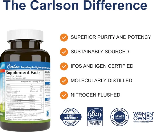 Vista 2 de Carlson - Gemas solares D, suplemento de vitamina D3 y Omega-3, 4000 UI (100 mcg) D3, 115 mg Omega-3 EPA y DHA, cápsula de aceite de pescado