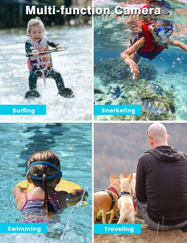 Vista 6 de Cámara subacuática 4K 48MP Autofocus Selfie Cámara impermeable de doble pantalla con correa flotante y tarjeta de 32 GB, cámara digital compacta