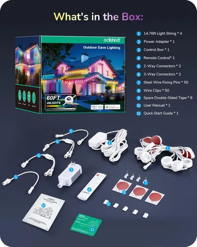 Vista 9 de EDISHINE Luces permanentes para exteriores de 60 pies para casa, 40 luces LED RGBW con aplicación/control remoto, 50 modos de escena para decoración