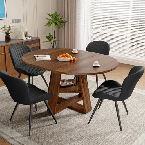 Vista 13 de Aivermel Extendable Round to Oval Dining Table Set for 4–6, Wooden Kitchen Table with Hidden Storage and Upholstered Chairs, Space-Saving Dinner