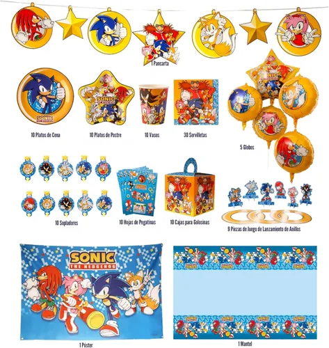 Vista 2 de Kit de Fiesta de Cumpleaños de Sonic The Hedgehog - Suministros Completos para 10, Decoraciones Temáticas de Videojuegos, Pancarta con Licencia